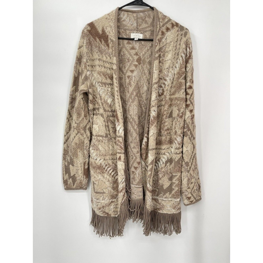 Lucky Brand M Cardigan Women Tan‎ Brown Southwestern Geometric Fringe Open Front